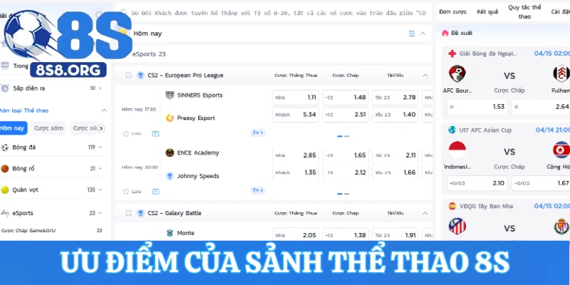 Ưu điểm của sảnh cược thể thao trực tuyến 8S